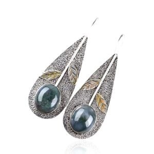925 Sterling Silver Moss Agate Dangle Earrings - Image 1