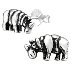 Charming Silver Rhino Stud Earrings - Bohemian Safari-Inspired Gift for Women, Unique Animal Jewelry Statement Piece for Her - Image 1